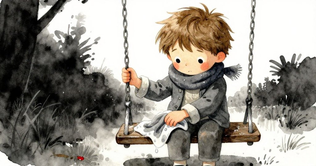 Theo專注地用圍巾拭去搖擺器上雨水，手指間雨珠閃爍，臉上顯露堅定與細膩。