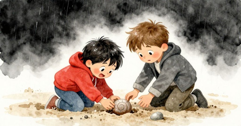 Sage與Theo在濕潤沙坑中齊心揭示螺旋石刻，臉上滿是驚喜與合作歡慶的情感。