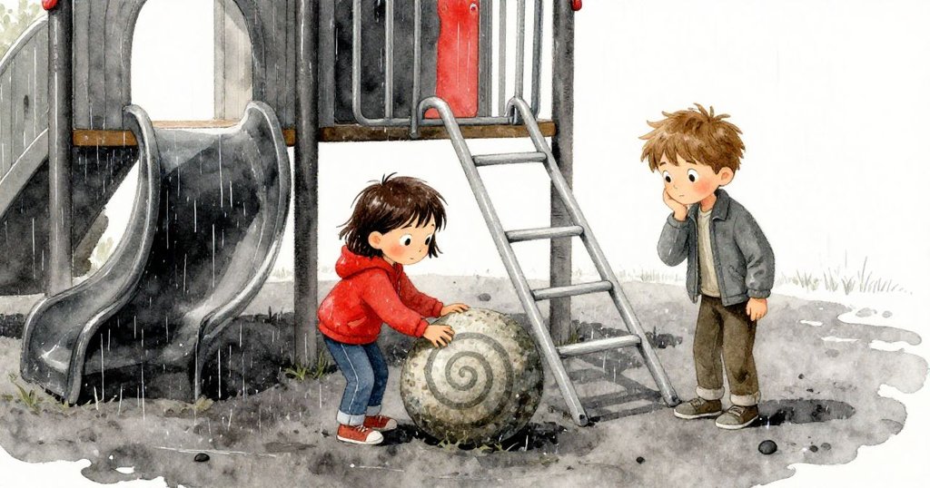 Sage與Theo攜手將神秘螺旋石放於滑梯旁，並在持續細雨中一起離去，結束了充滿探索的日子。