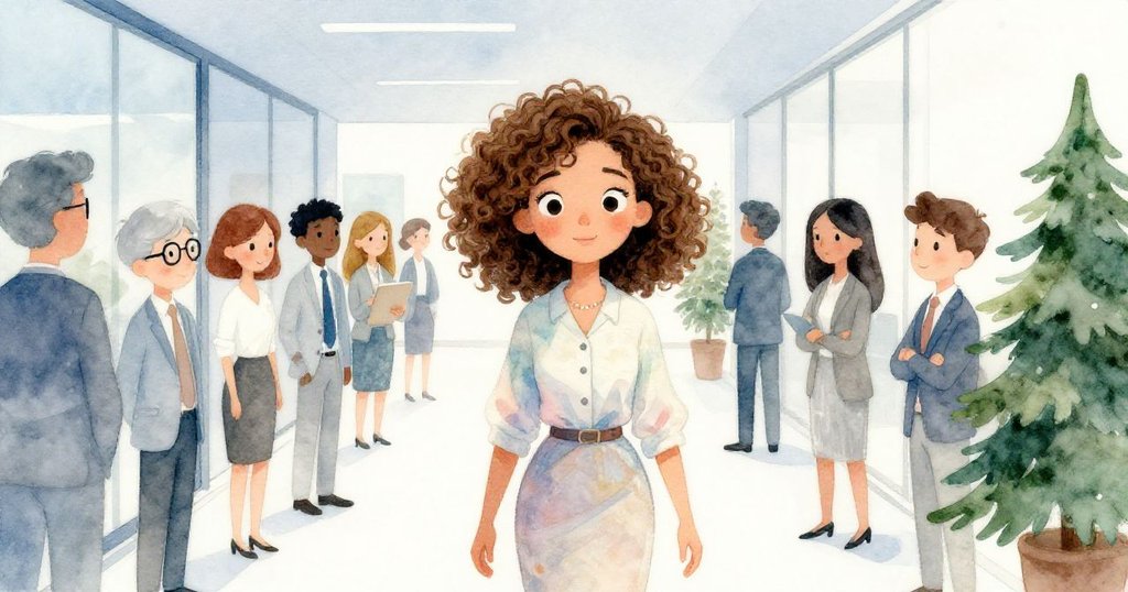 佩珀在繁忙辦公室走廊中與同事互動,充滿期待準備簡報,她神情專注,背景有噴印機及活躍工作環境