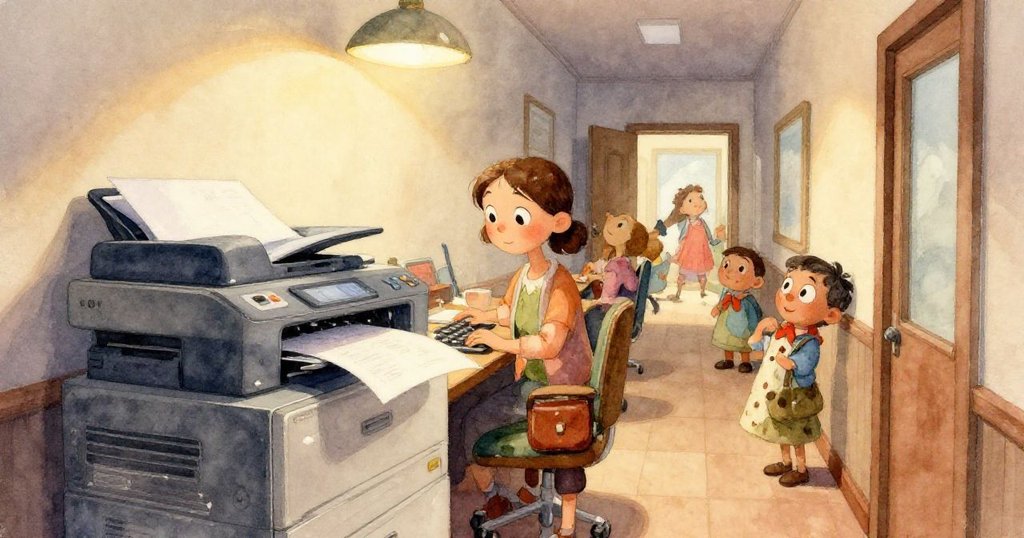 佩珀專注操作噴印機卡紙部分,她的手輕觸檔桿解開纏繞的紙張,細節豐富展現專注神情