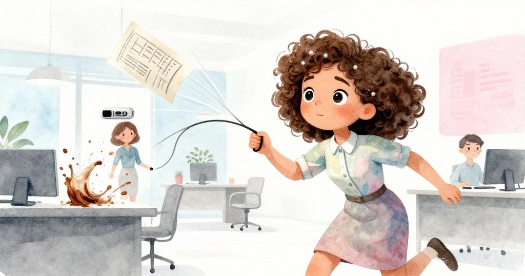 佩珀急速伸手拔除投影機線,桌上文件滑落與咖啡濺起動態軌跡,辦公室充滿緊迫與活力氣氛