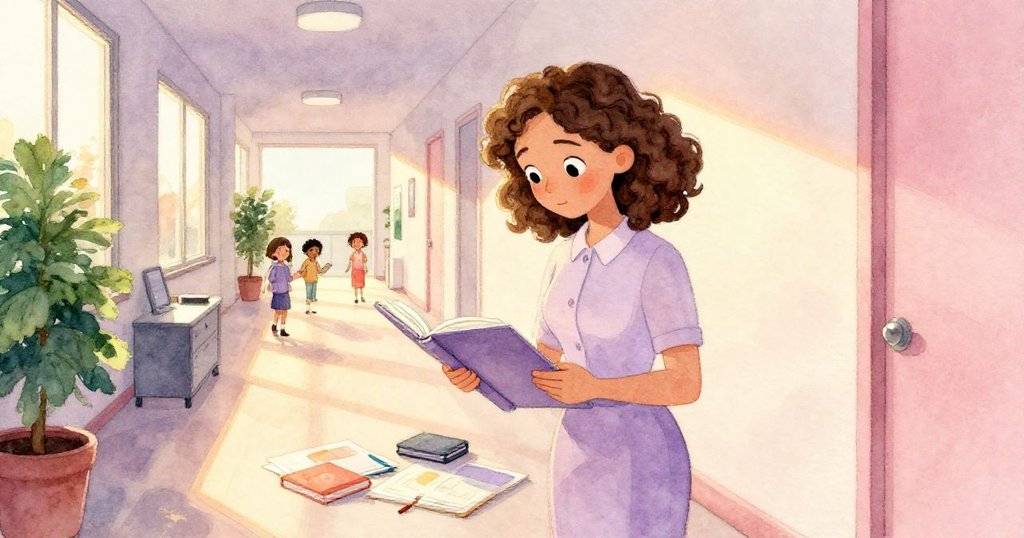 夕陽灑入辦公室走廊,佩珀安靜整理散亂物品,用活頁夾穩固漏水杯子,畫面溫暖平靜恢復秩序