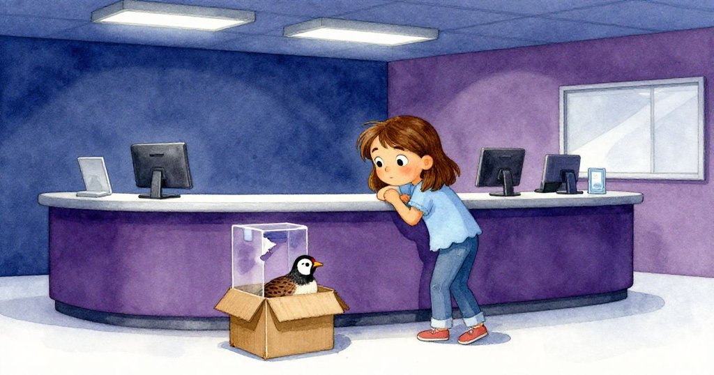 Joy站在現代診所櫃台前，好奇探查破損票機，旁邊紙箱中的鵪鶉注視著周遭，氛圍神秘又溫暖。
