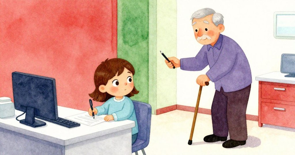 Joy專注聆聽護士報號，發現缺少四十三號，臉上流露疑惑，旁邊持樹杖男子伸手尋找乾筆，環境細緻呈現。