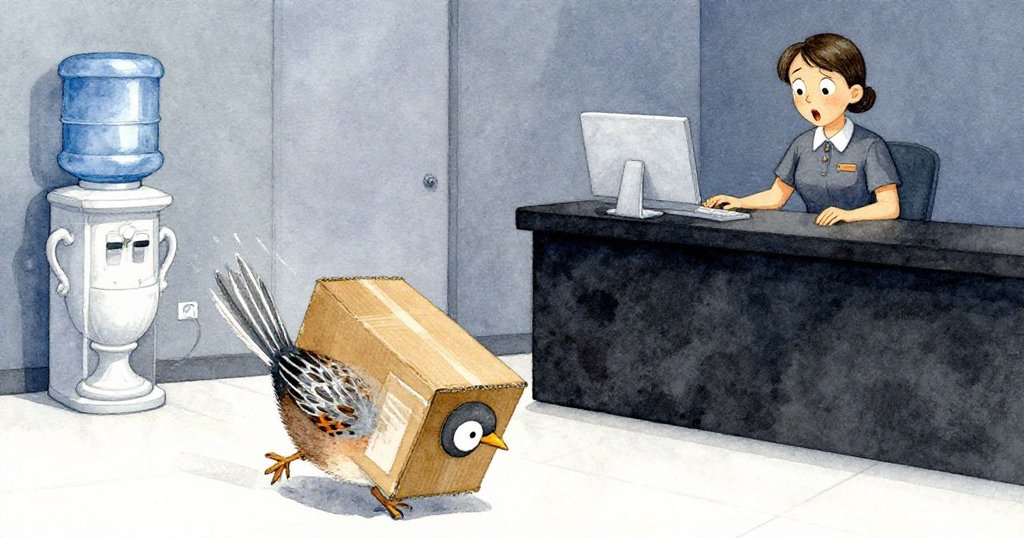 鵪鶉急速飛翔，踢翻紙箱，翼尖輕刷冰白骨灰罐，櫃檯人員驚訝表情顯現，現場緊張動感。