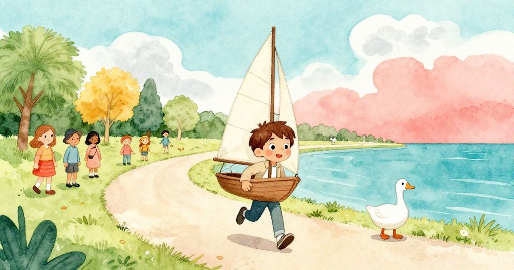 Noel正奔跑在公園小徑上,手持木製帆船,旁有遊客和獨自鵝,表情活潑,背景銀光閃爍天空。