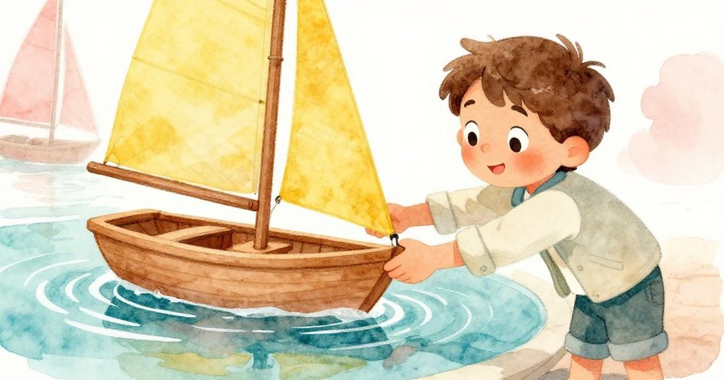 Noel蹲於噴泉邊,用專注雙手輕放木製帆船入水,細膩展現手部動作與水面微光。