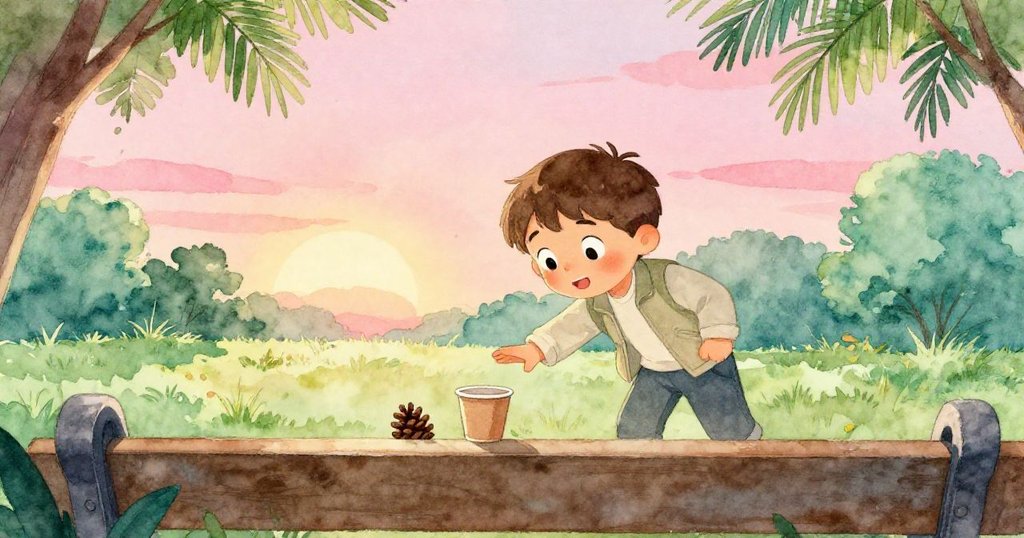 透過長椅縫隙觀察,Noel正輕推松果向紙杯推進,眼神透露期待,場景充滿公園愉快氣氛。