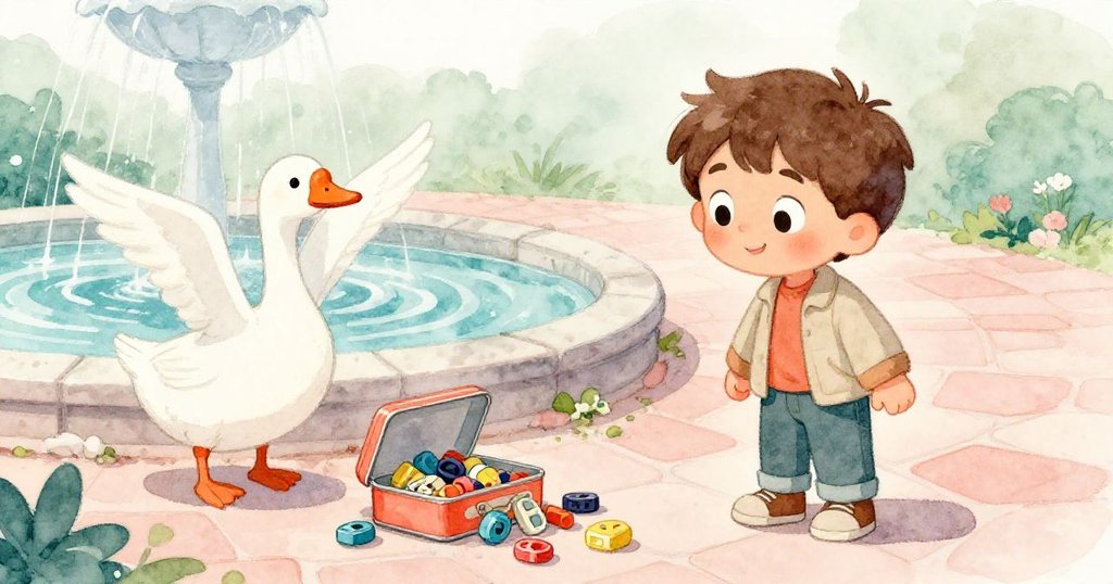 回憶色調下,Noel旁邊錫盒散落彩色遊戲件,水花飛濺,鵝驚慌展翅,營造出溫柔懷舊場面。