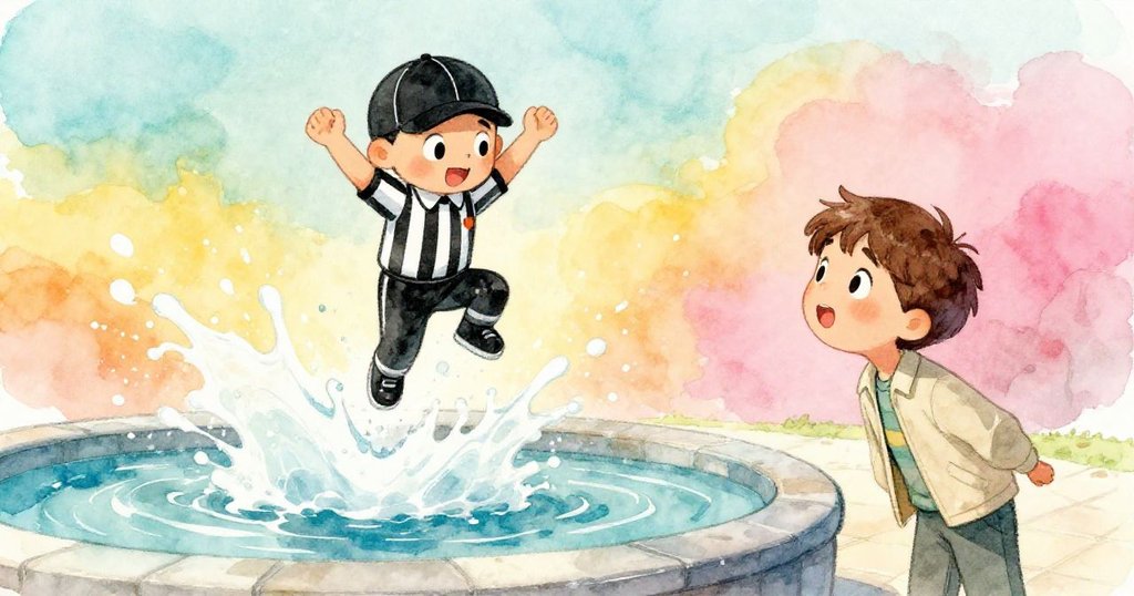 在定格瞬間,小塑料裁判公仔懸空於噴泉水花中,Noel驚訝凝視,水與風交織出動感場景。