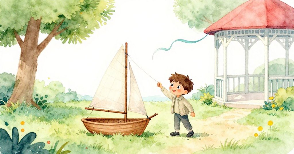 全景中,Noel用樹枝穩住木製帆船,濕鞋踏在綠草上,涼亭緞帶輕舞呼應開頭,場景溫馨收尾。