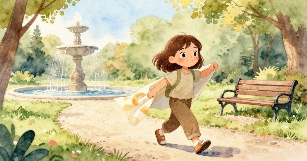 Joy 踏入公園小徑，手握飄動披巾，背景有噴泉和長椅，表情堅定，展現故事開端的溫暖氛圍。