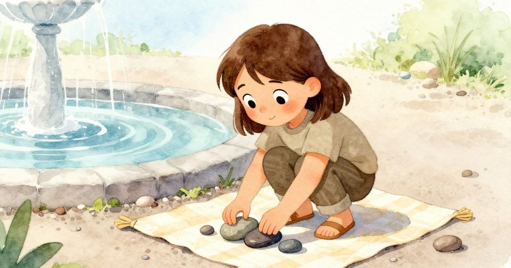 Joy 專注地將光滑石子壓在飄動披巾邊緣，周圍噴泉水聲與石徑相映，表情沉著，敘事發展中。