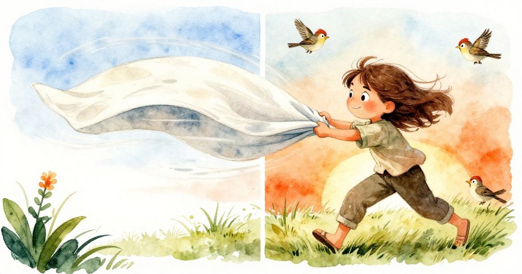 Joy 快速伸手抓住被風捲起的披巾，一側風起浪湧，一側麻雀驚飛，故事情節轉入高峰緊湊時刻。