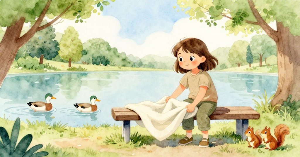Joy 輕柔調整披巾於長椅下，鴨子悠然劃水，松鼠靜看，散發柔和公園景致，故事發展進入平穩階段。