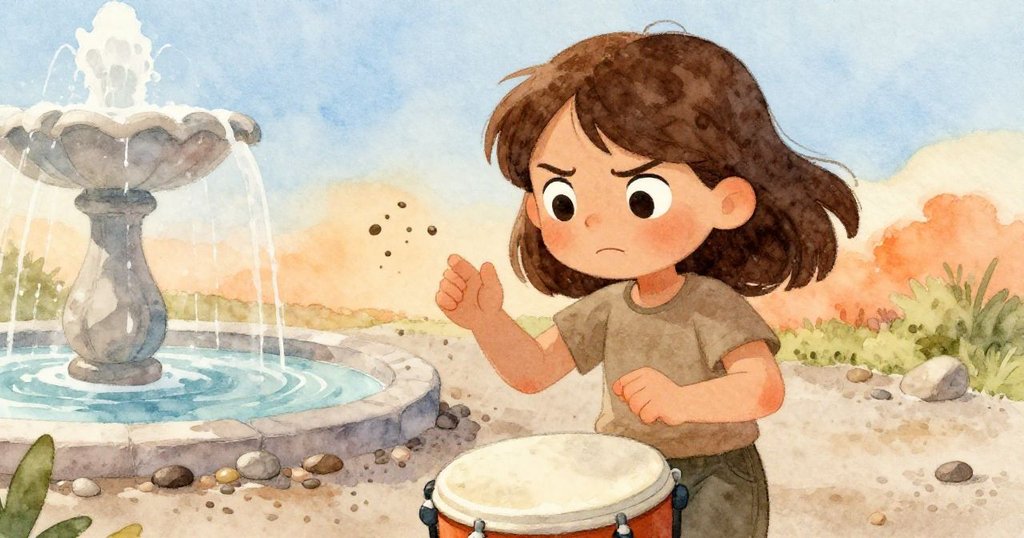 Joy 用手擊打濕潤石子，堅定面容伴隨碎石飛揚，風中節奏顯現高潮時刻，情節充滿活力。