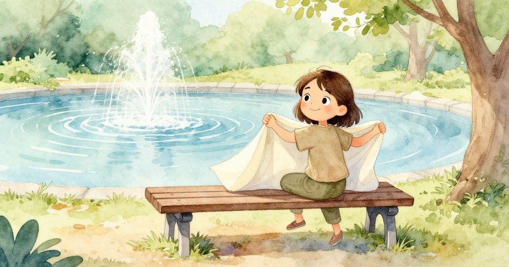 Joy 最終將披巾穩貼長椅下，噴泉水影飄散，緩和情節帶出故事後續，展現結局安詳氛圍。