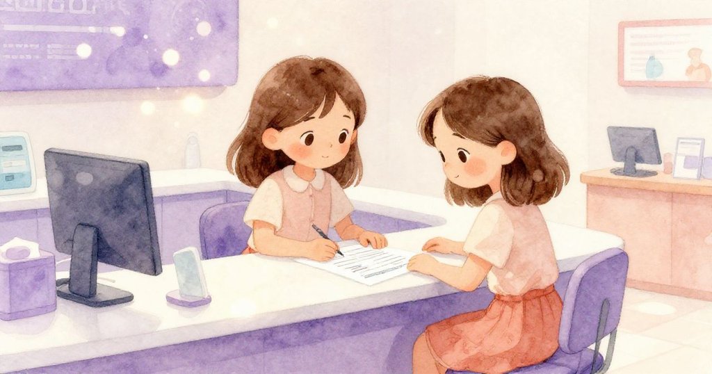 Ruby 坐於現代藥局接待區專心檢查表格,燈光柔和,背景有輕微人聲,展現平靜的開始。