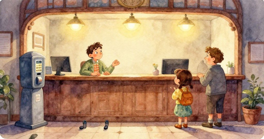 Ruby 的手持著紙信封,認真對照示例頁面,紙張紋理細膩,溫柔光線映襯著背景細節。