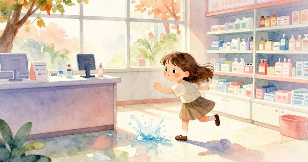 Ruby 在藥局內步伐引起地面濕潤,陽光透窗灑下秋日溫暖光芒,水花細節豐富,呈現現代感。