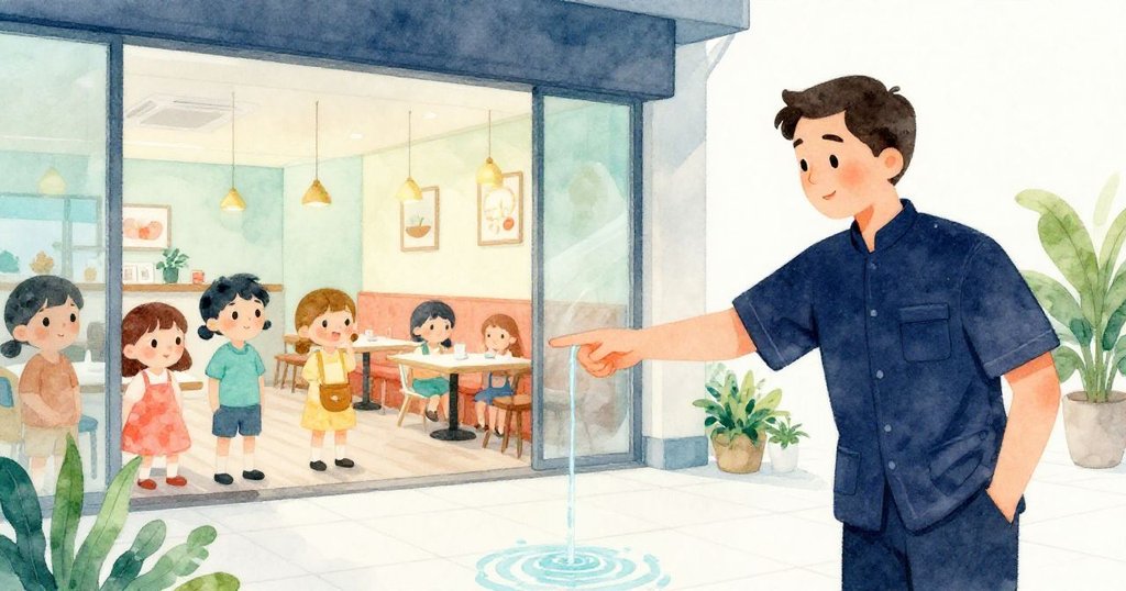 Reed站在餐廳入口,指向流過地磚的水帶,客人好奇圍觀,室內光線柔和,場景充滿緊張與期待感。