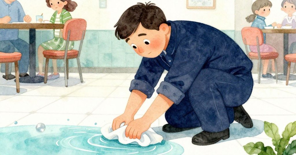 從低角度觀看,Reed彎腰把布壓在滲水上,面部表情專注又略帶擔憂,地磚細節與陰影交織。