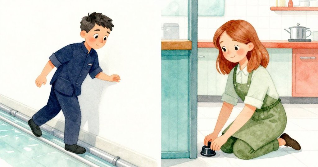 左側Reed沿著金屬管小心追蹤流動水跡,右側Kira跪在吧台後迅速塞入橡膠門擋,畫面分割展現緊張與果斷互動。