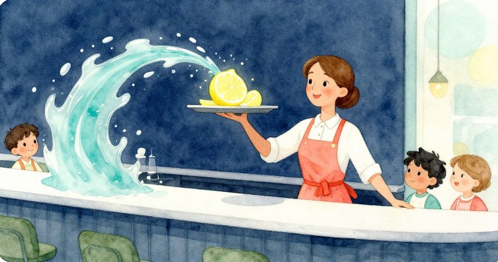 Pearl在吧檯邊迅速穩住搖晃托盤,水滴與檸檬水滴形成動態水跡,畫面充滿緊迫感與果斷神情。