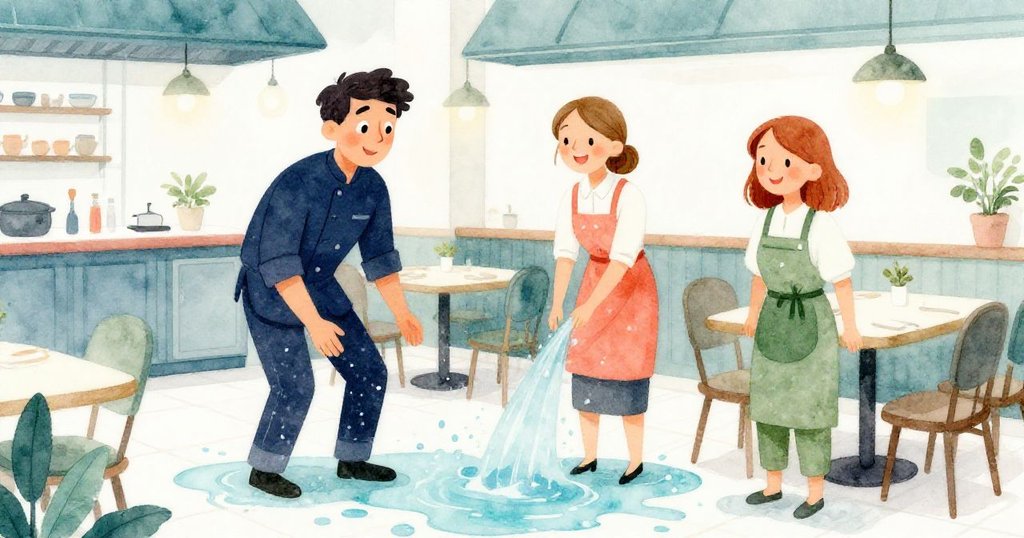 Reed、Pearl與Kira站在平靜餐廳中面帶解脫微笑,厚實廚房墊吸收水流,場景恢復安寧溫暖氣氛。