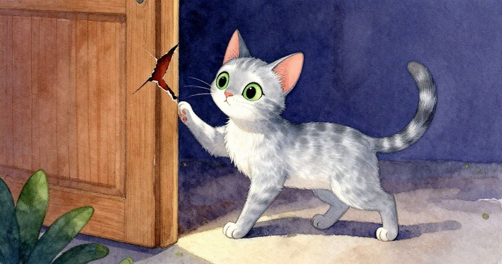 Luna靠近有裂縫的木門，從背後望向門縫，神情專注且充滿好奇，室內光影柔和。