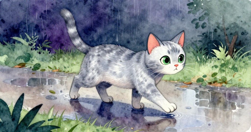 Luna走進雨中的平坦庭院，輕輕甩動毛發，雨滴映出靜謐葉影，充滿自然情趣與好奇。