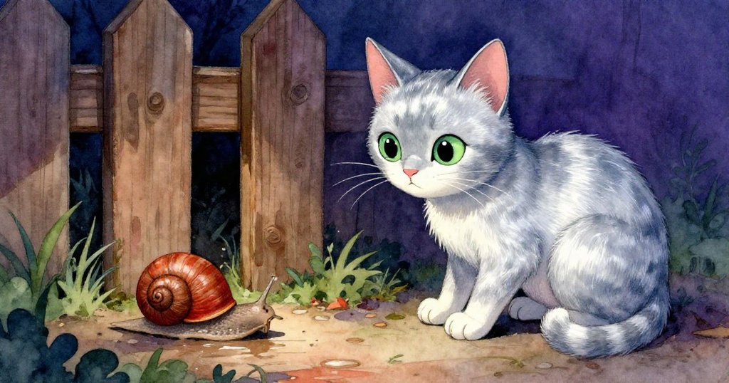 Luna蹲在狹窄柵欄旁，透過小縫注視緩慢爬行的蝸牛，環境昏暗中充滿神秘與緊張感。