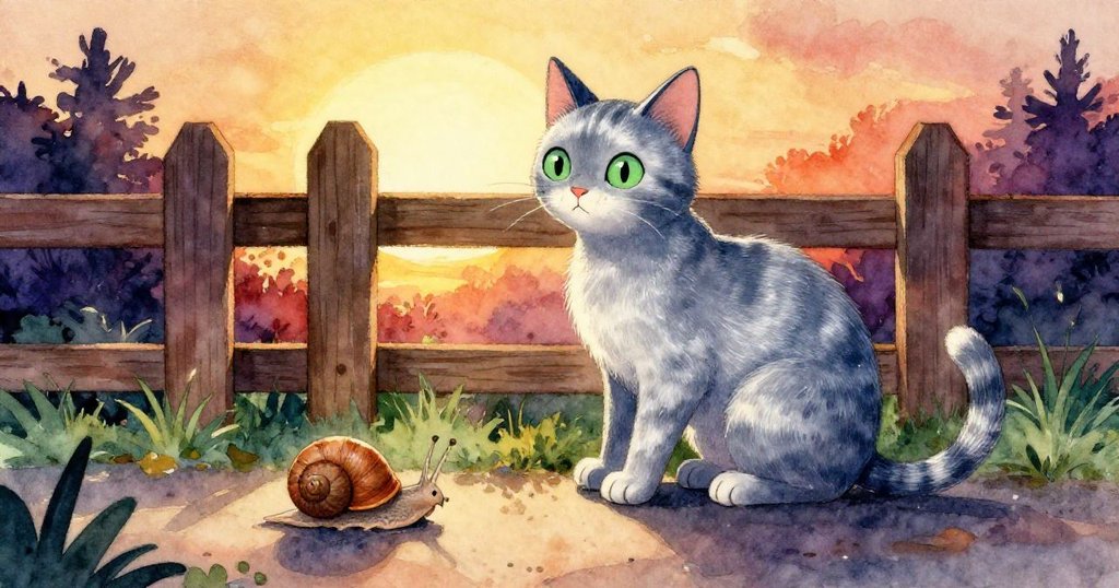 Luna在溫暖夕陽下安坐柵欄邊，靜靜注視蝸牛前行，日落餘暉與冷色調交織，充滿平靜與滿足。