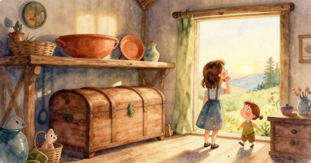 Nell朝向敞開的門走去，木地板上清晰顯示她堅定的腳步，室內外光影交織透露出冒險前奏。