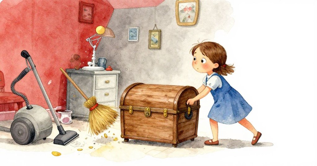 Nell用力推動沉重的木箱，偏斜視角下見吸塵器滾動、掃帚飛動，室內物品生動互動呈現歡樂混亂的瞬間。