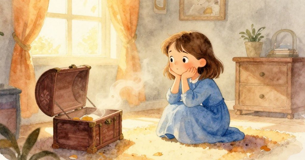 Nell靜靜凝視從半掩箱子中飄出的細塵，室內彷彿秋天般溫暖光線柔和灑落，充滿溫馨意境。