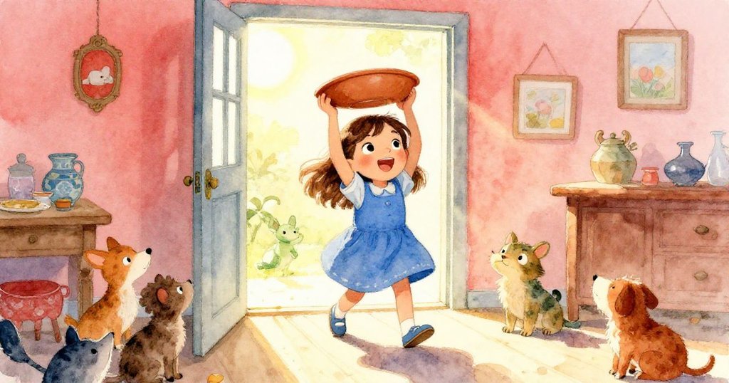 Nell滿懷喜悅提起心愛的陶碗，明亮陽光灑入室內，伴隨著小動物圍觀共享勝利時刻。