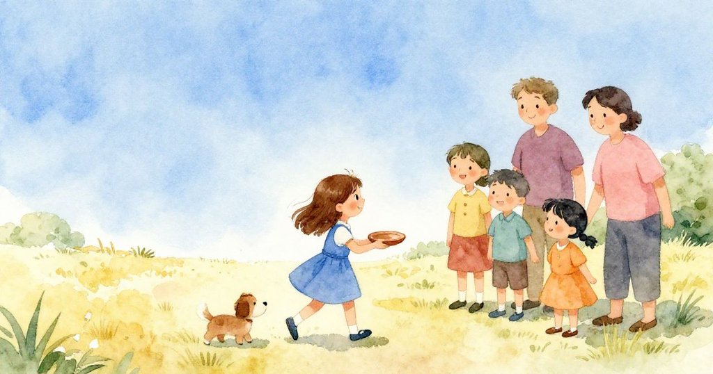 Nell手持陶碗走向明亮戶外，在藍天與廣闊田野映襯下與家人和寵物迎接團聚，充滿溫馨幸福。