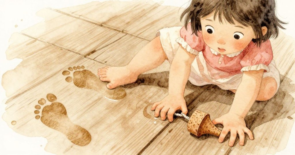 Hazel的手指抓住破舊軟木,木板上留有濕潤腳印,展現她專注且堅定的動作細節。