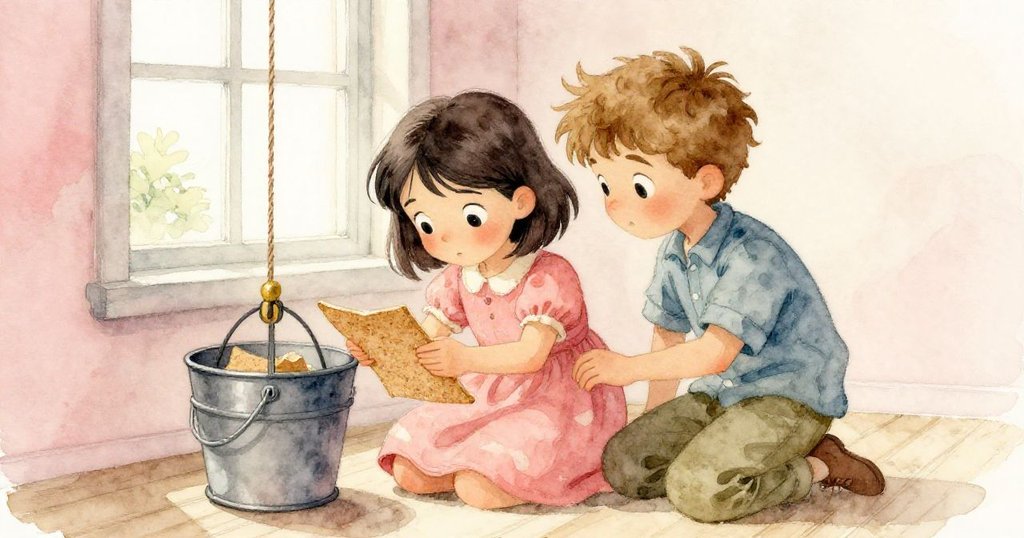 Hazel與Cruz在低窗旁的室內角落,聚集於桶式滑輪邊,共同檢視軟化的軟木,展現團隊協作的溫馨場景。