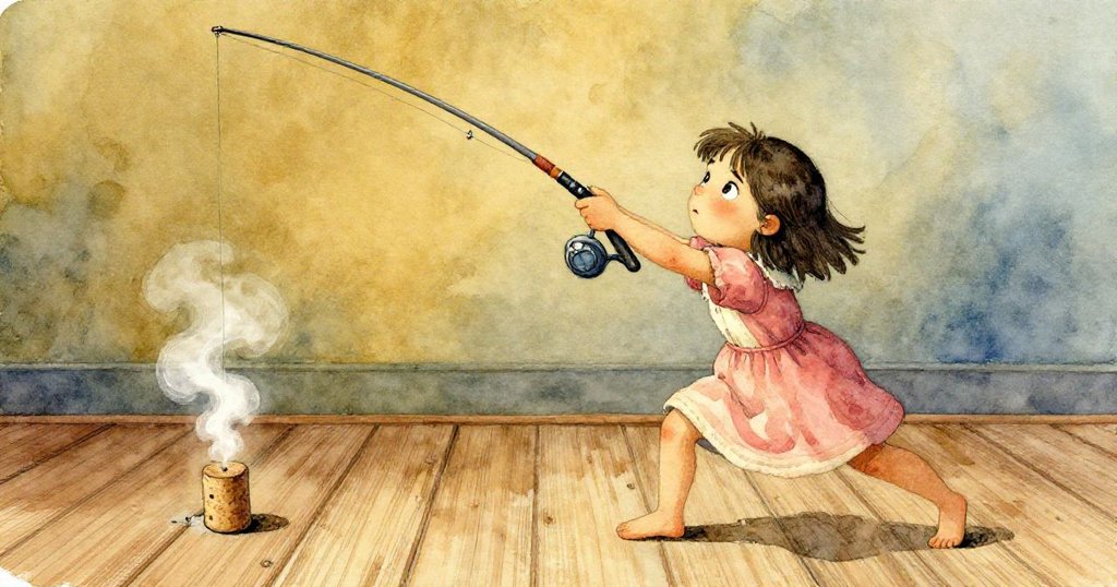 Hazel動作果斷伸手勾釣魚竿,軟木滲水下垂,濕潤痕跡與蒸汽交織,呈現激動瞬間。