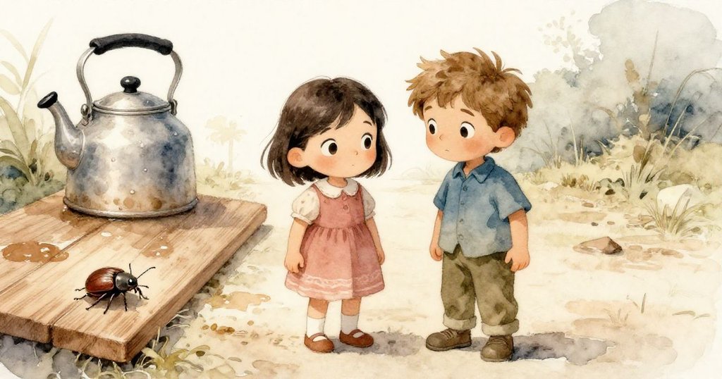 蒸汽散去後,Hazel與Cruz並肩立於開闊路徑前,眼中流露驚奇,一隻小褐甲蟲輕踏濕木板,象徵冒險延續。