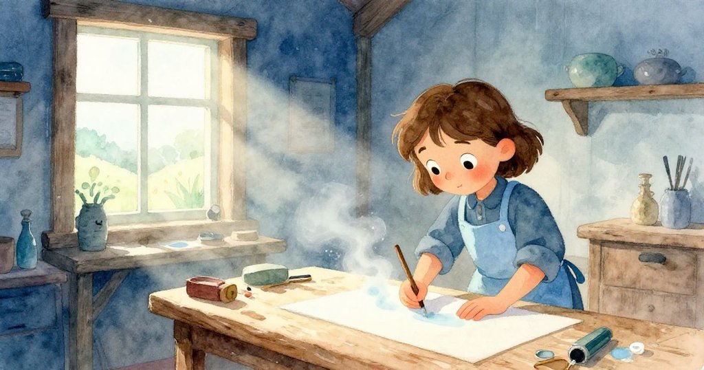 Olive在晨霧中於工作台前認真打磨木槽，柔和光線照亮工作室，細塵飄舞中流露出希望與專注。