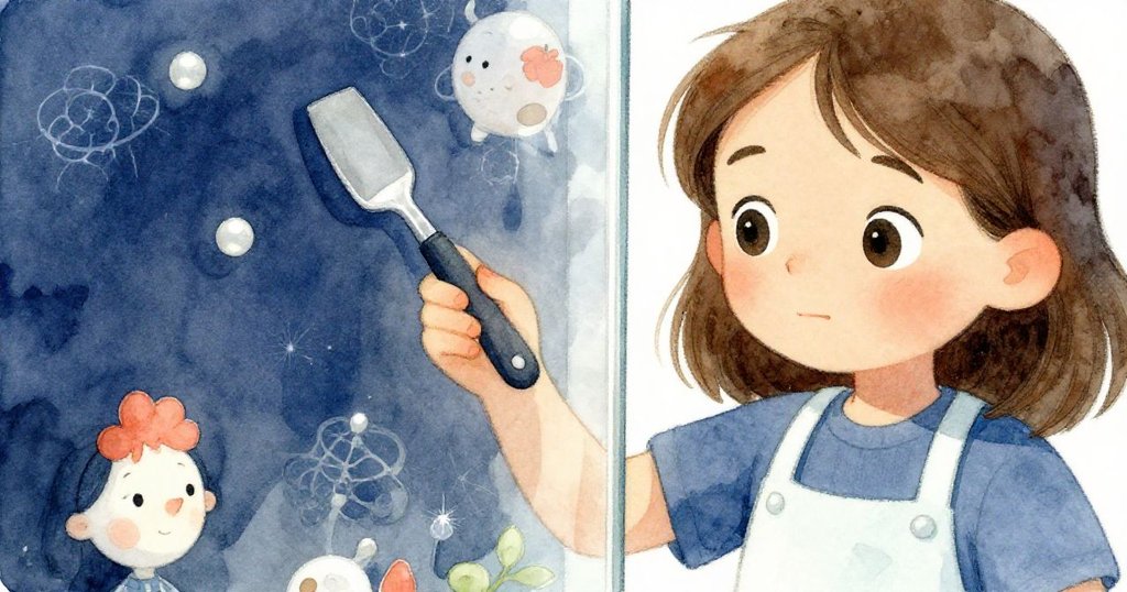 Olive在近拍下輕觸緊密卡槽的玻璃板，細膩地觀察劃痕與紋理，神情專注溫柔。