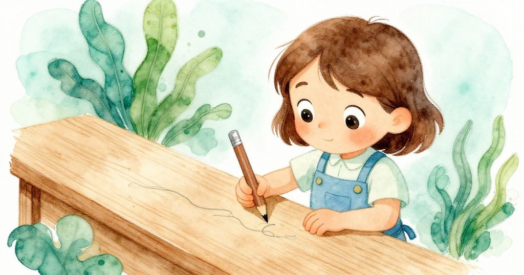 Olive傾斜著身子細察工作台上銀色線條與鉛筆痕跡，神情中透著好奇與懷舊，背景充滿水藍與翠綠色調。