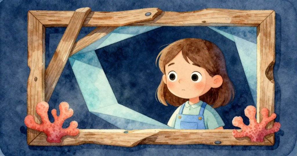 Olive在超現實視角下審視變形木框，光影交錯形成奇異角度，神情專注疑惑，藝術感十足。