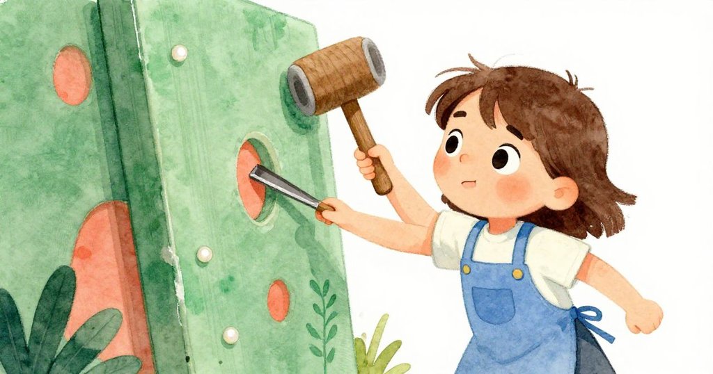 Olive揮動木槌敲擊凿子，專注而堅決地面對變形木板，動作流暢，工作台上工具與材質細節豐富。