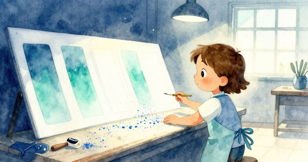 Olive站在工作台旁微笑欣賞修整完的面板，柔和晚光灑入，藍塵與碎屑映出她努力後的寧靜勝利。