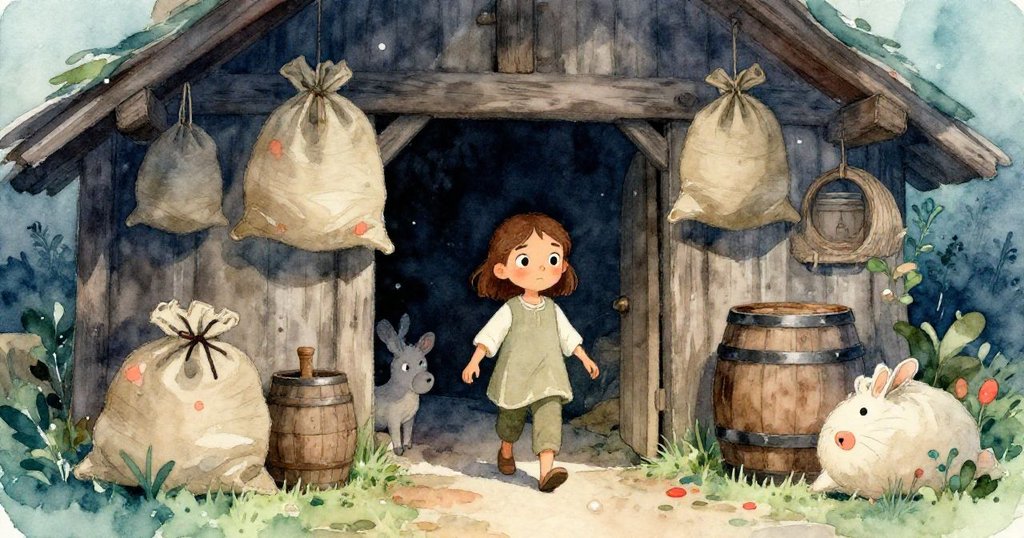 奧莉芙走進陰暗潮濕的磨坊大廳,周圍掛著麻袋與木桶,小動物環繞,她神情警覺充滿期待。